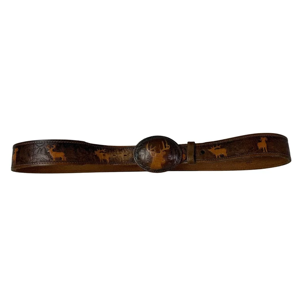 Chambers Vintage Leather Belt 44 Brown Hand tooled Wildlife Deer Elk USA Made